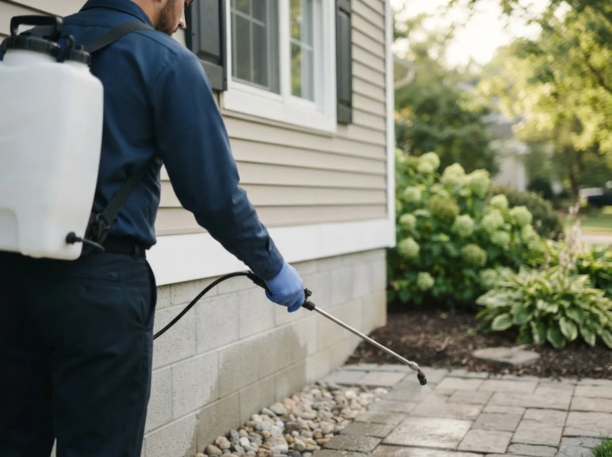 Pest control technician inspecting a home in Hersey, MI